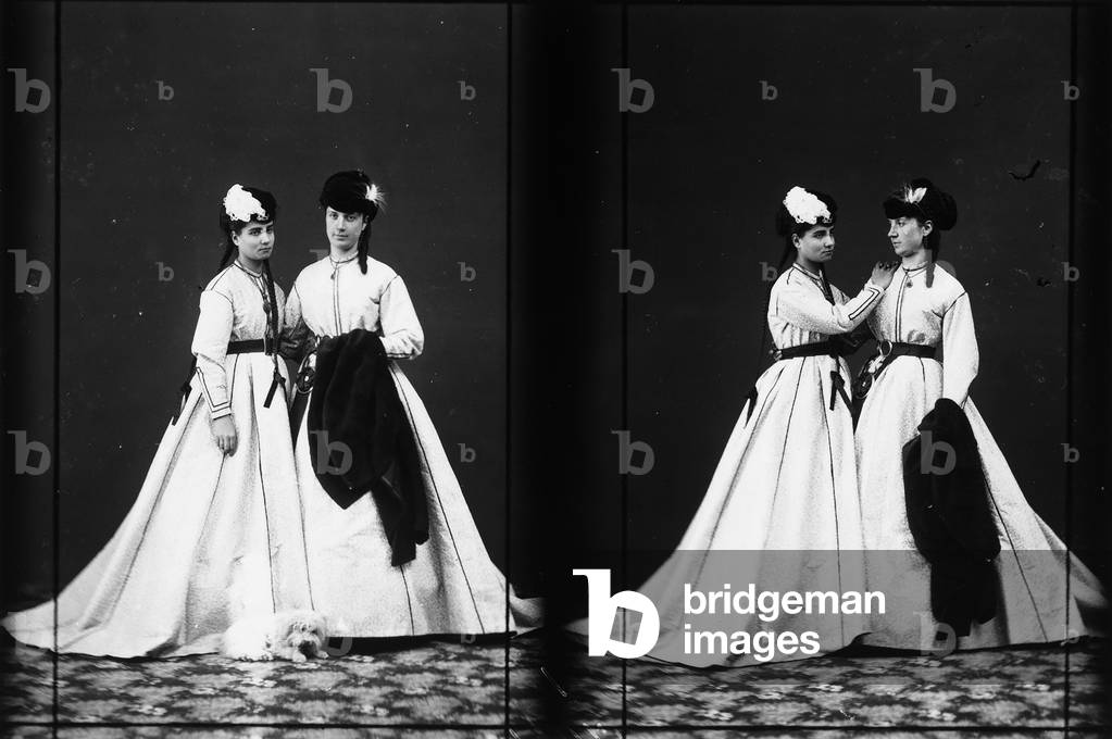Multiple image portraying two young women in nineteenth century costume