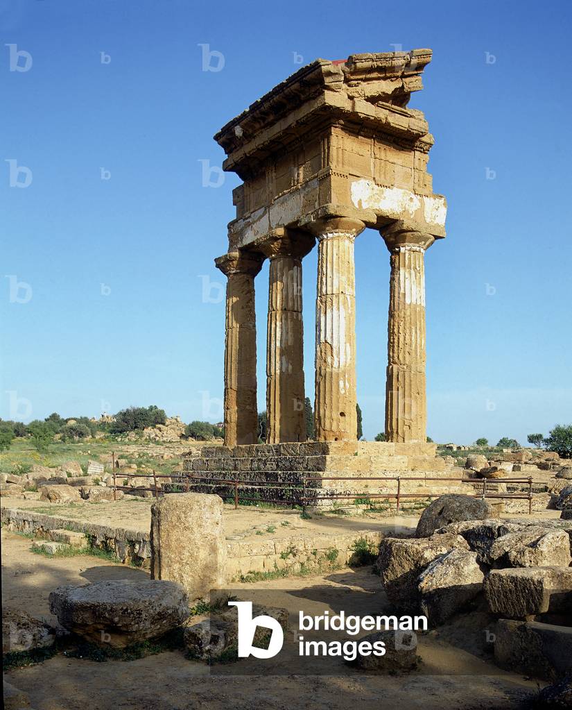 View of the remaining four fluted columns of the Temple of Castor and Pollux in the Valley of the Temples in Agrigento