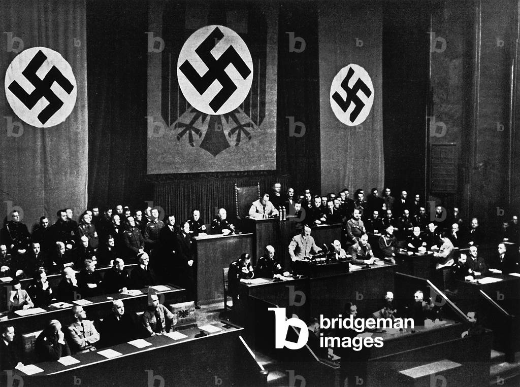 Adolf Hitler making a speech on the Treaty of Locarno in March 1936 (b/w photo)