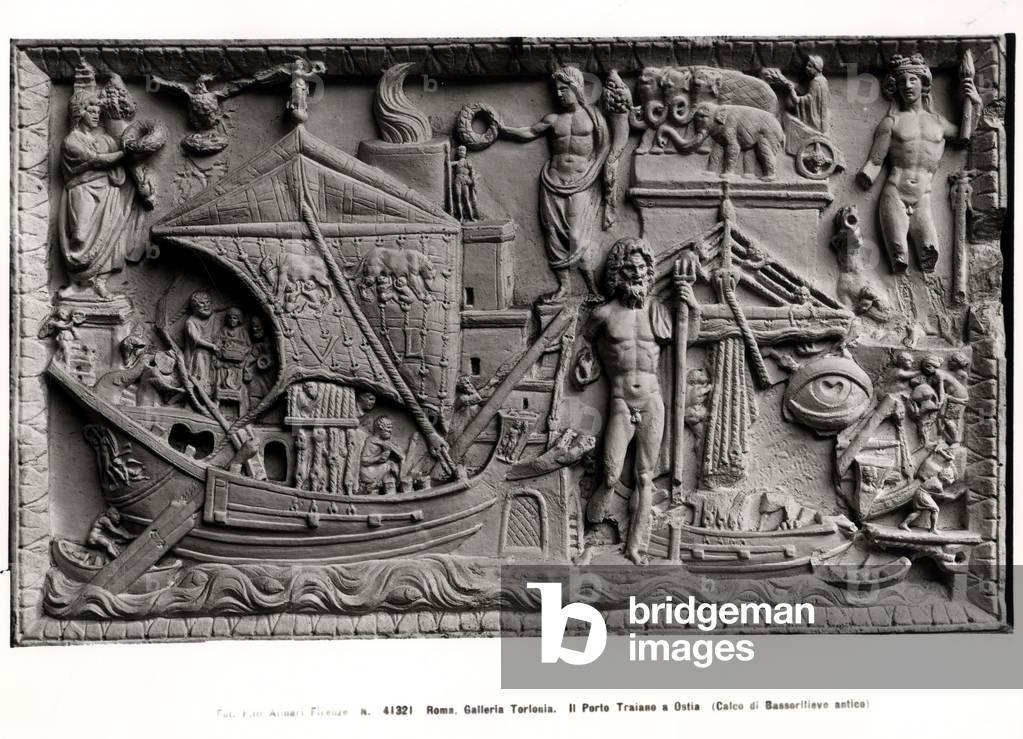 Arrival of a ship in Trajan's Port, Ostia, c.200 AD (stone) (b/w photo)