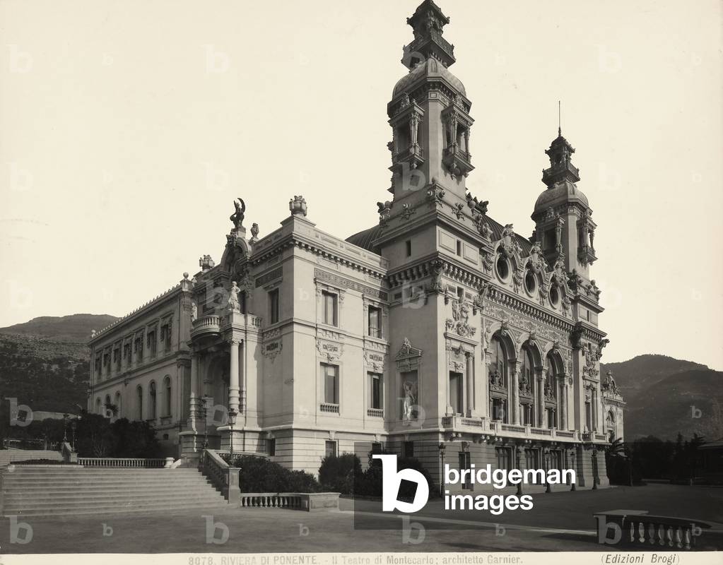 Exterior of the Montecarlo Theater, Monaco, 1890 ca., Principality of Monaco (b/w photo)