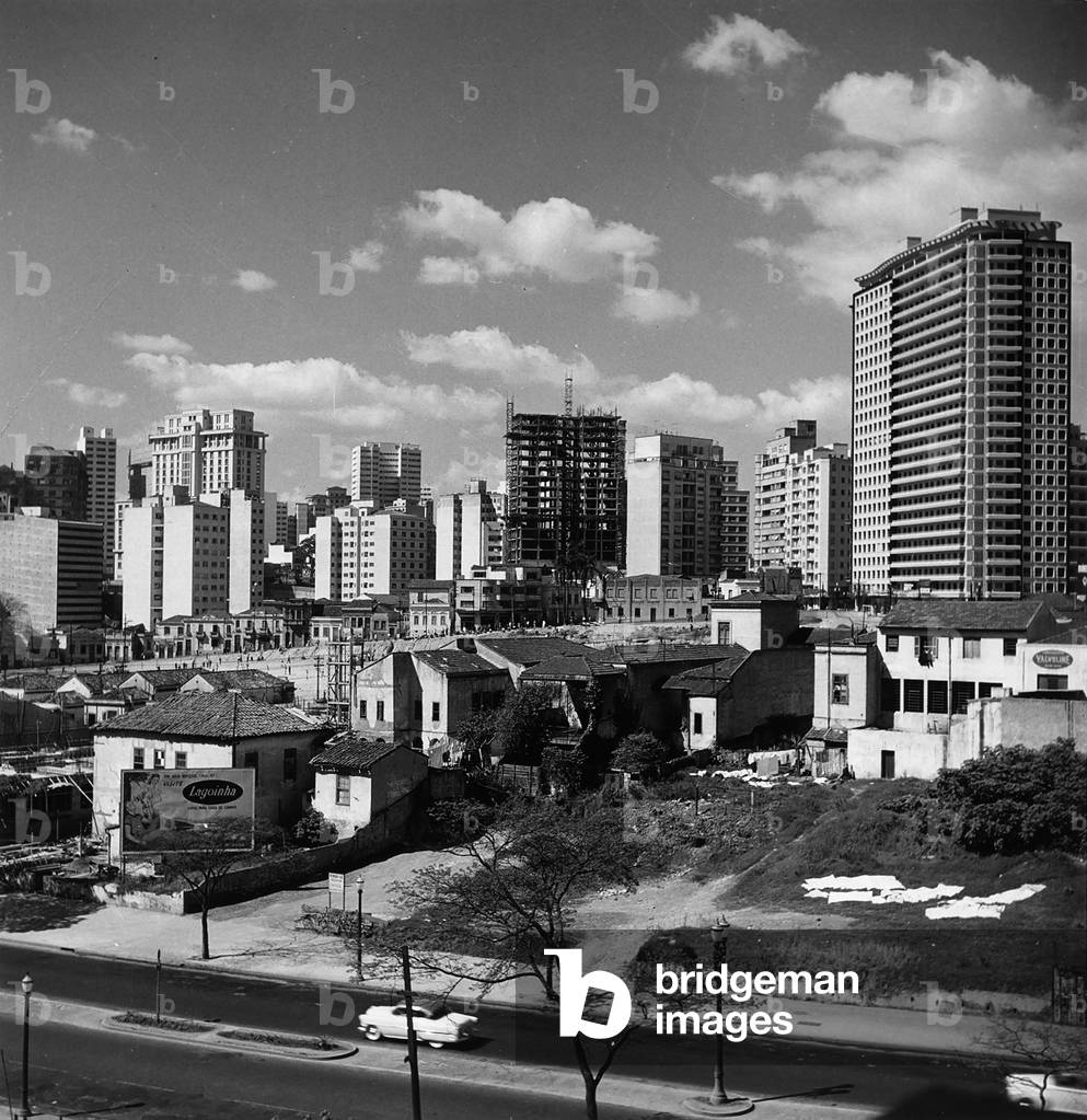 A street in Sao Paulo, Brazil. In the background are numerous tall buildings
