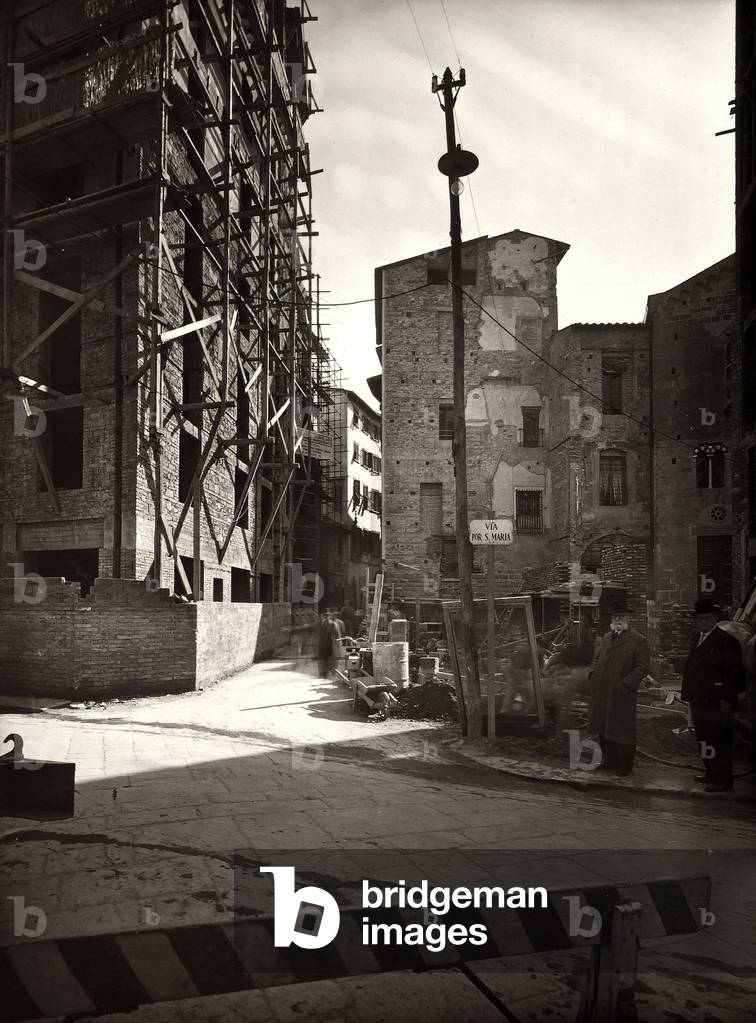 The reconstruction of the buildings on Via Por Santa Maria in Florence, after the bombing on August 4, 1944 (b/w photo)
