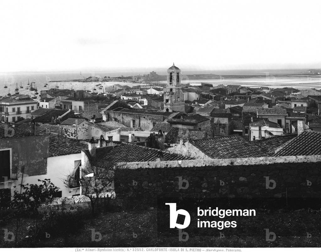 Panorama of the city of Carloforte, capital of the island of San Pietro, with a view of the port in the background, Sardinia