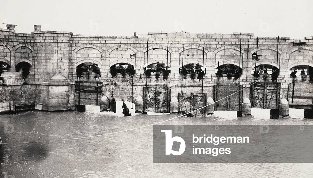 The sluices on the Isonzo River at Sagrado, Gorizia, Italy during World War I (b/w photo)