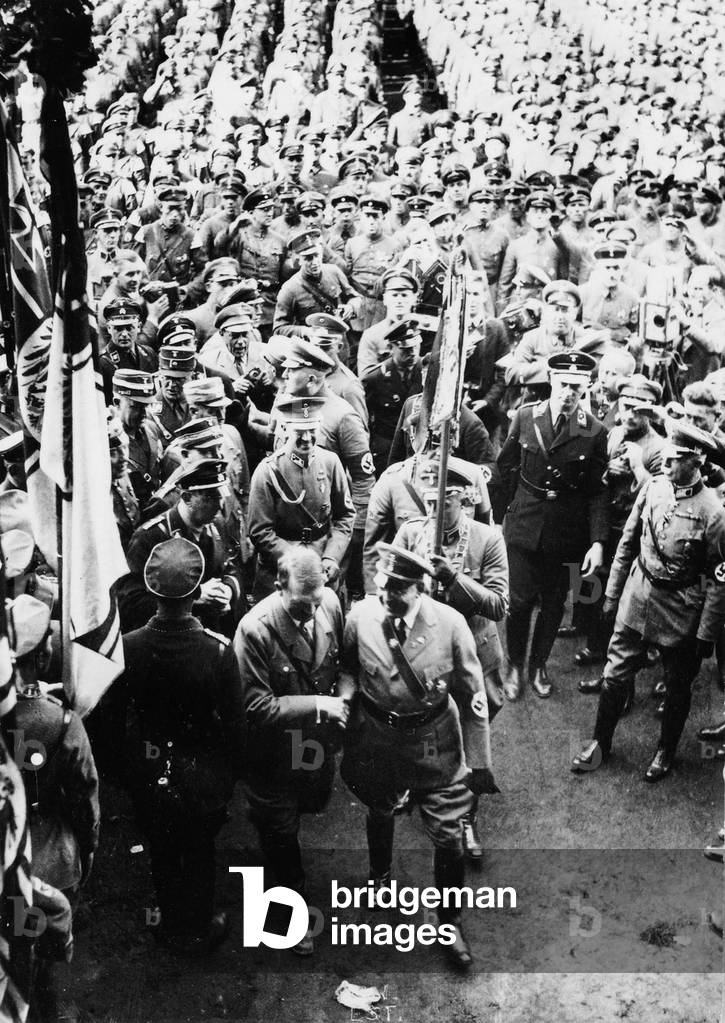 Adolf Hitler and Franz Seldte during an official ceremony in the stadium of Hindenburg, Poland, 23/09/1933 (b/w photo)
