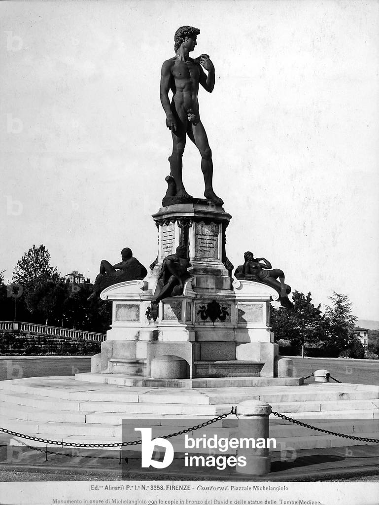 Monument in honor of Michelangelo, located in the piazza of the same name in Florence, composed of bronze pairs of David and the statue from the Medicean tombs of San Lorenzo. All of the work, including the design of the marble base is by Giuseppe Poggi.