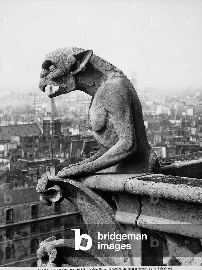 Statue depicting a monstrous figure with a beak. Detail of the sculptures located on a terrace in the Cathedral of Notre-Dame, Paris