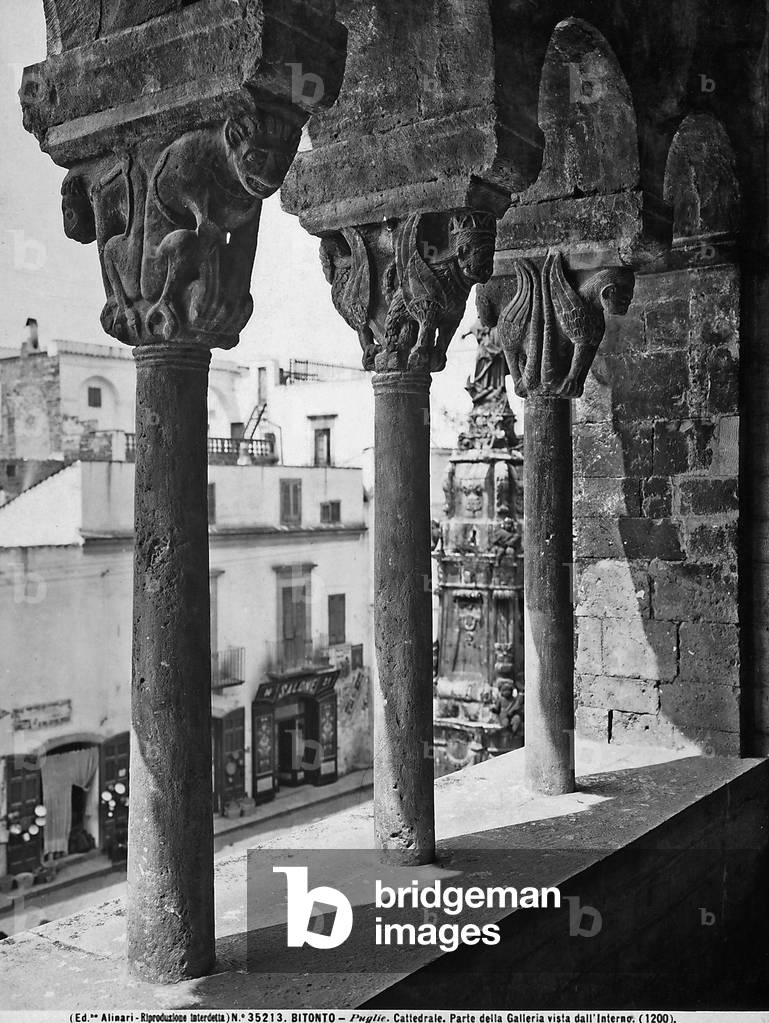 Part of the gallery on the right side of the Cathedral of Bitonto, seen from the inside. Between the columns of the gallery, the spire of the Immaculate is visible.