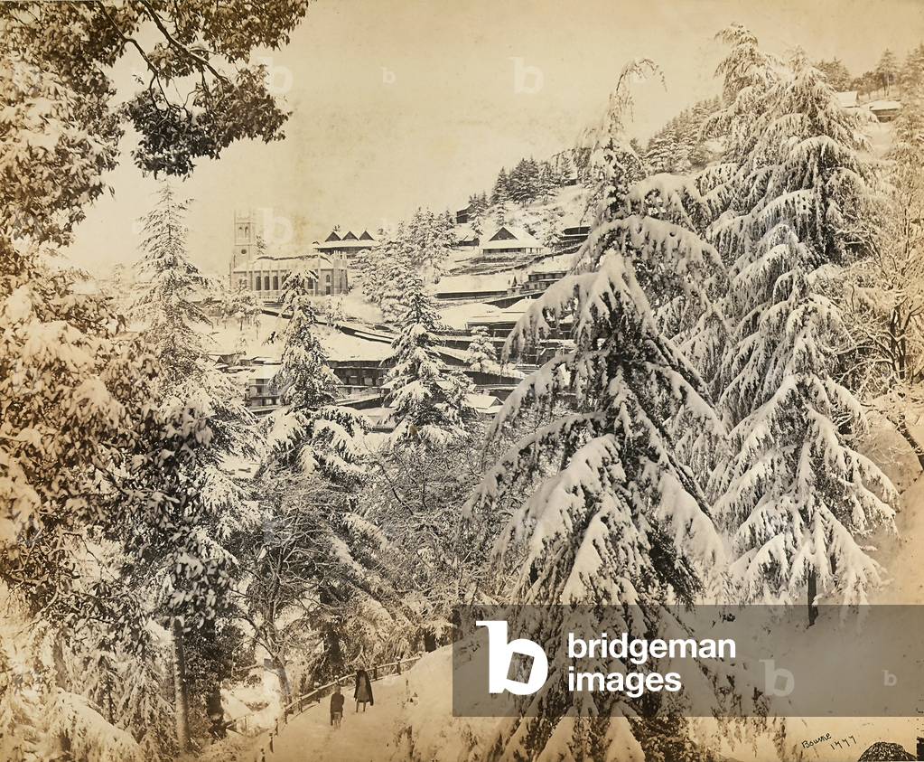 Snowy panorama of the city of Simla near the Himalayas, India