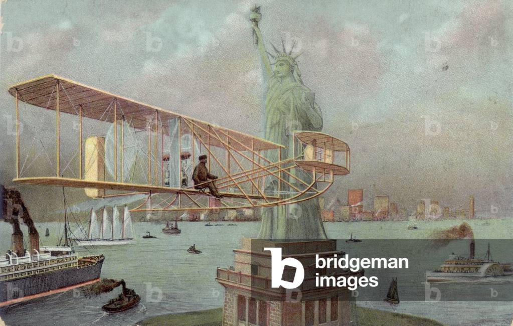 Drawing depicting an airplane flying near the Statue of Liberty