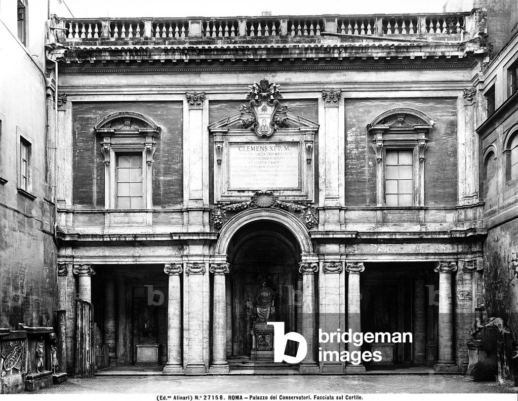 The façade of Palazzo dei Conservatori, facing the court-yard. Work by Michelangelo, Guidetto Guidetti and Giacomo della Porta, Rome, in Lazio