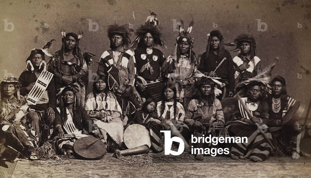 A group of Indians with traditional instruments and clothing, 1870 (print on double-weight paper)
