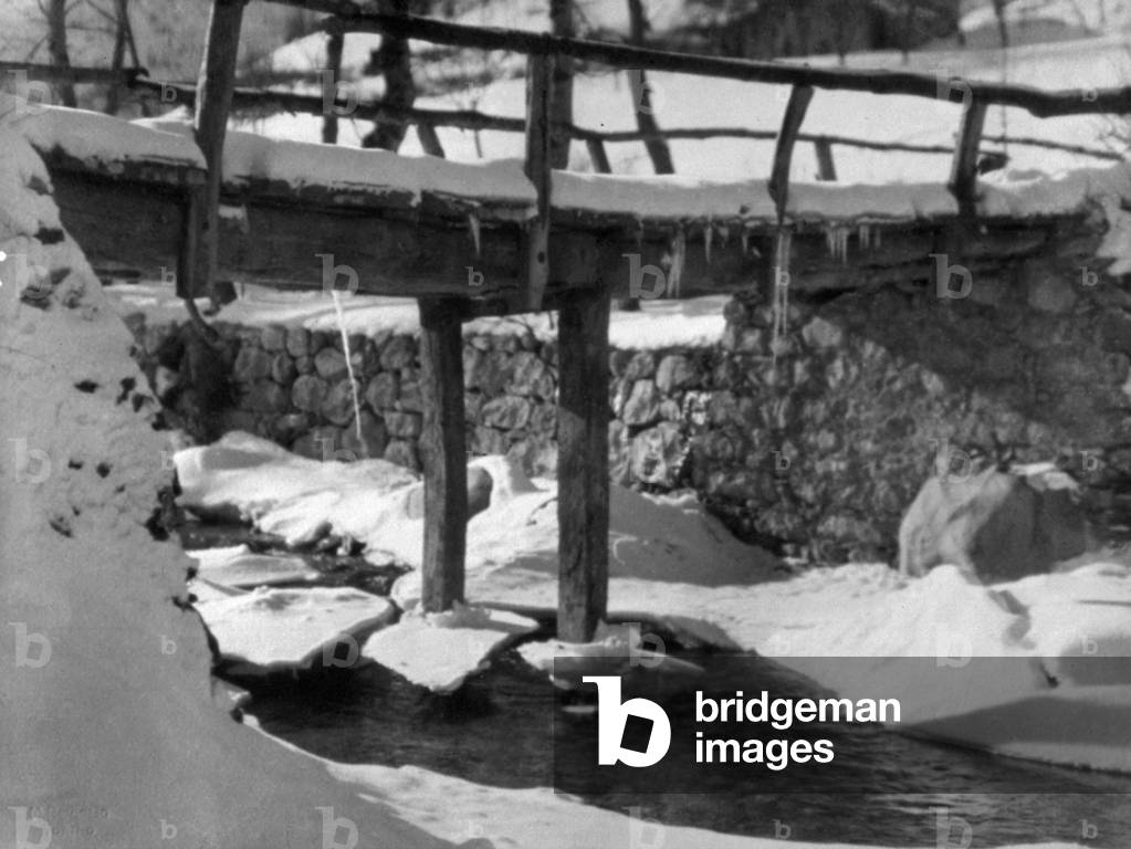 Snow covered bridge in the village of Limone Piemonte, Cuneo