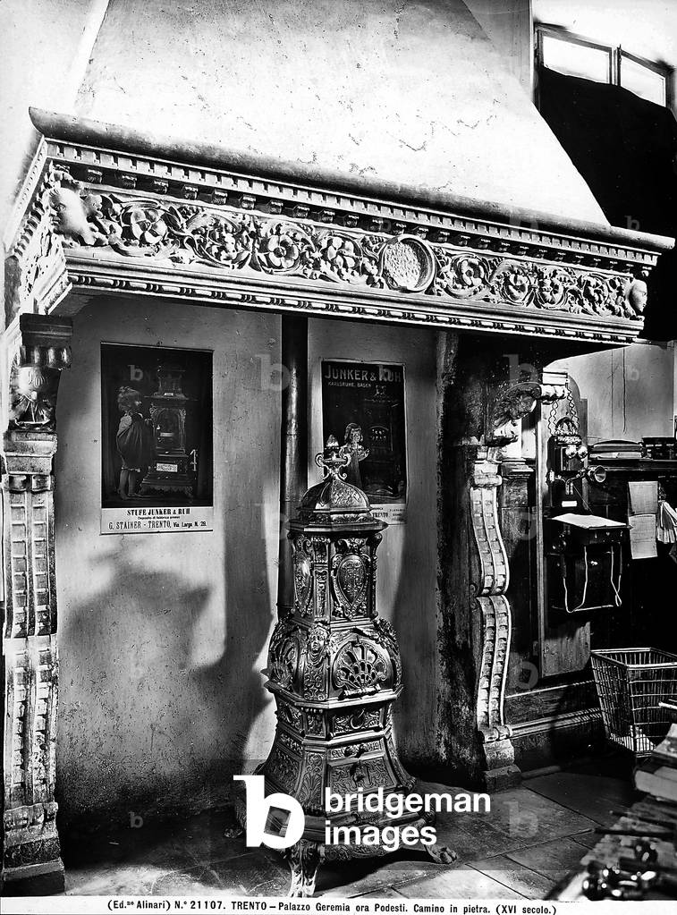 Stone fireplace of Palazzo Podesti in Trento.