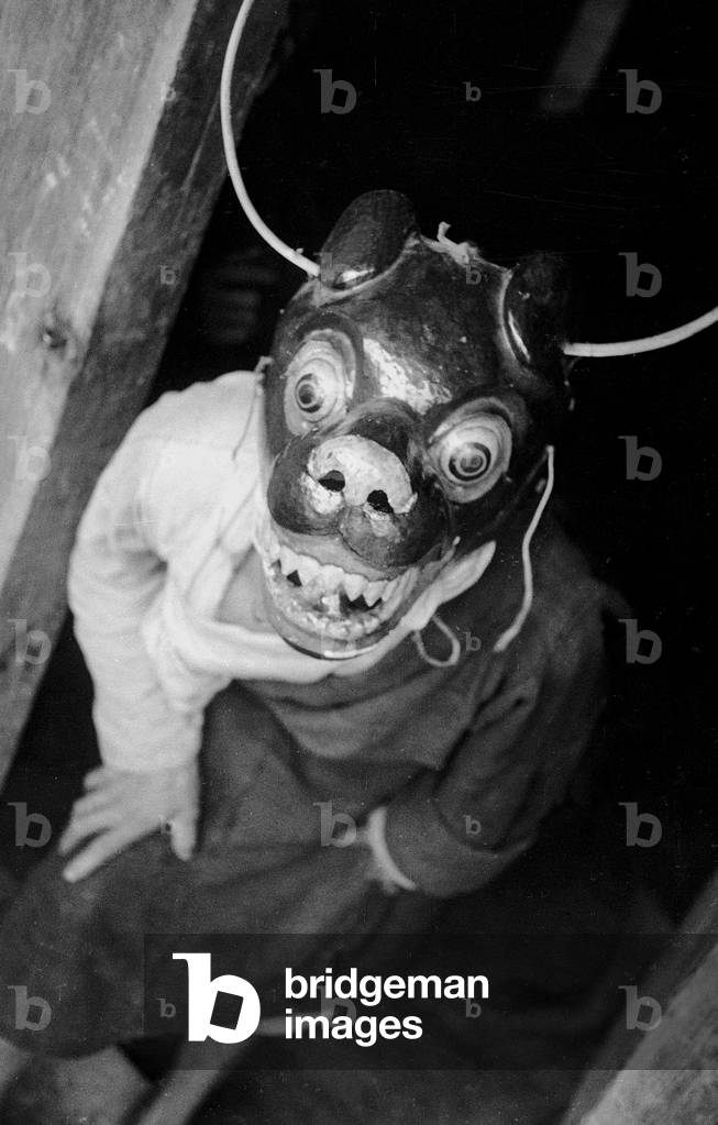 Mask for sacred representations, Lachung Monastery, Sikkim, India (b/w photo)