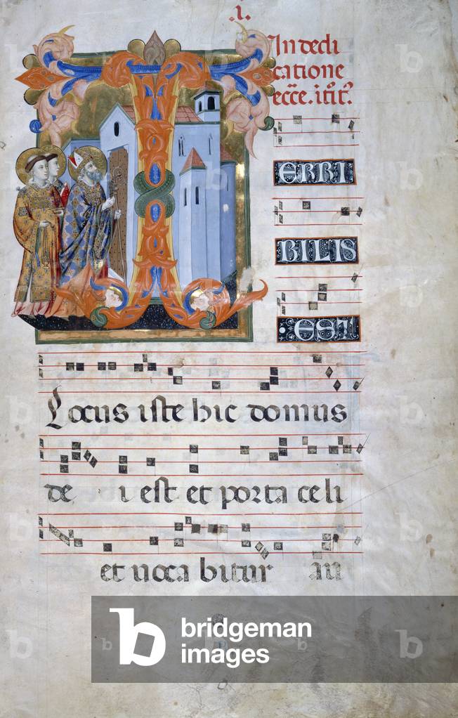 Illuminated initial with a bishop blessing a church (Corale 2, c. 1), for choir book 2 of Santa Maria degli Angeli