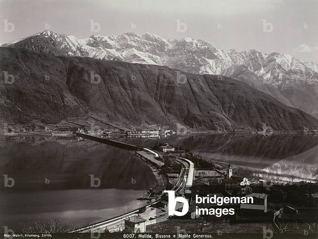 View of Melide, Bissone and of Mt. Generoso in Switzerland