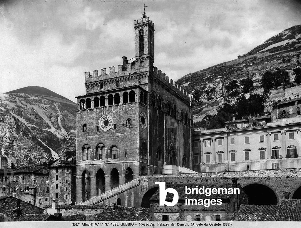 View of Palazzo dei Consoli in Gubbio. In the background, Mount Calvo.