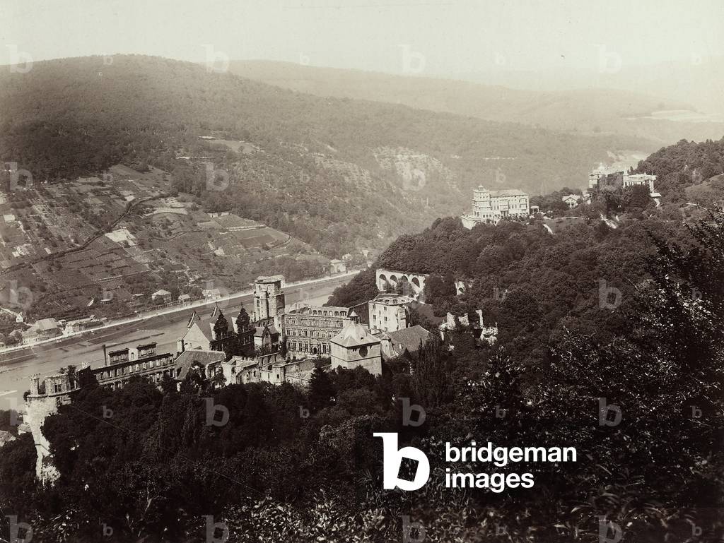 Heidelberg Castle rising on a hill, as seen from Molkenkur station, in Germany.