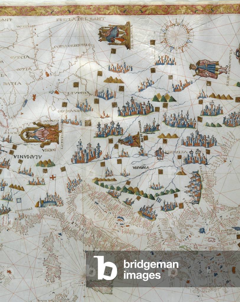 A Nautical Map, detail of Western Europe, 1564 (colour litho)