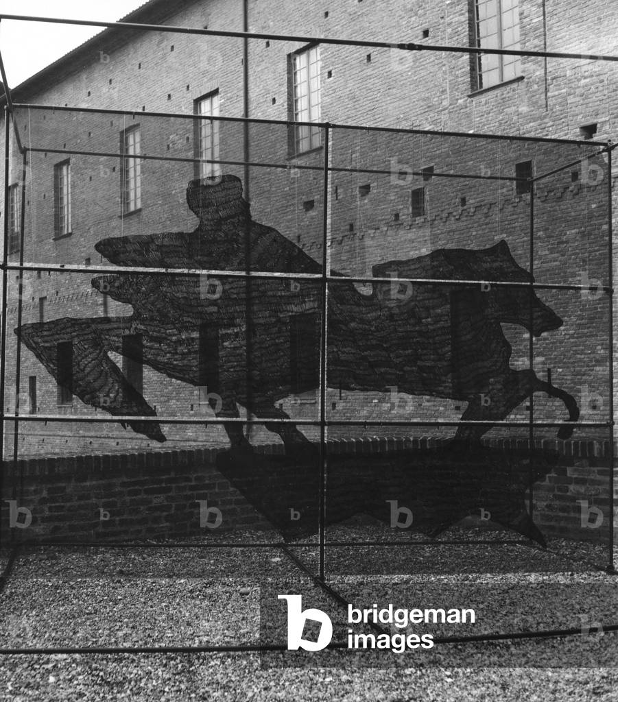 Installation with the reproduction of one of the statues of Francesco Mochi in Piacenza (b/w photo)