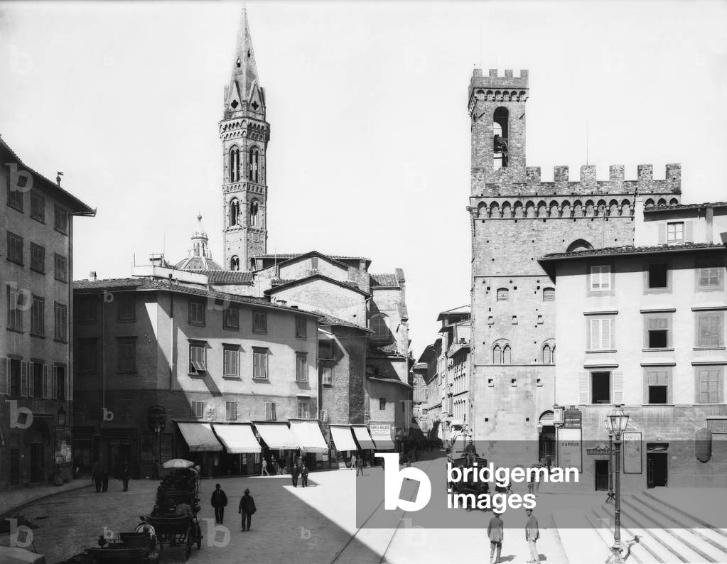 Piazza San Firenze with the bell tower of the Badia Fiorentina and the Bargello Palace