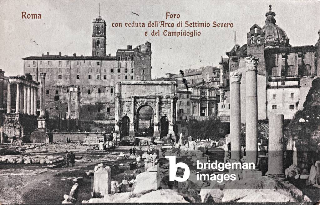 Animated view of the Roman Forum in Rome, with the Arch of Septimius Severus and the Palazzo Senatorio in the background; postcard