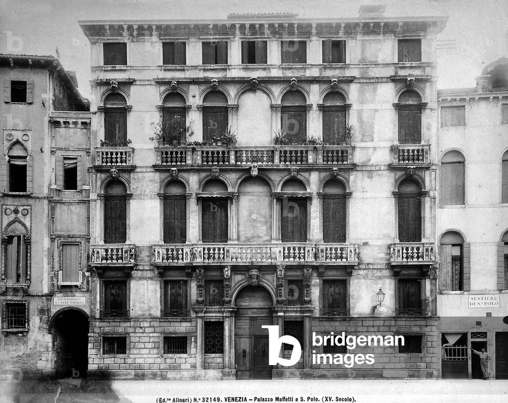 Façade of Palazzo Maffetti-Tiepolo in Campo San Polo, Venice. The building, with ground floor ashlar is characterized by the tight rhythm of the balconies with heads in the key of the arch.