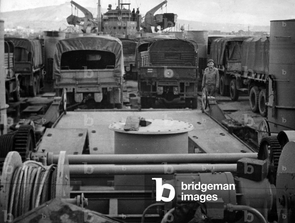Transport vehicle on a Naval ship in the port of Anzio (b/w photo)