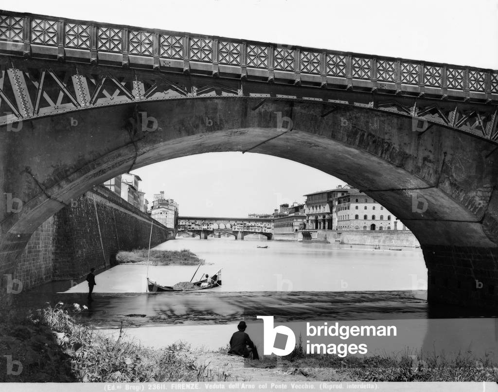 View of the River Arno with the Ponte Vecchio and a digger at work, Florence