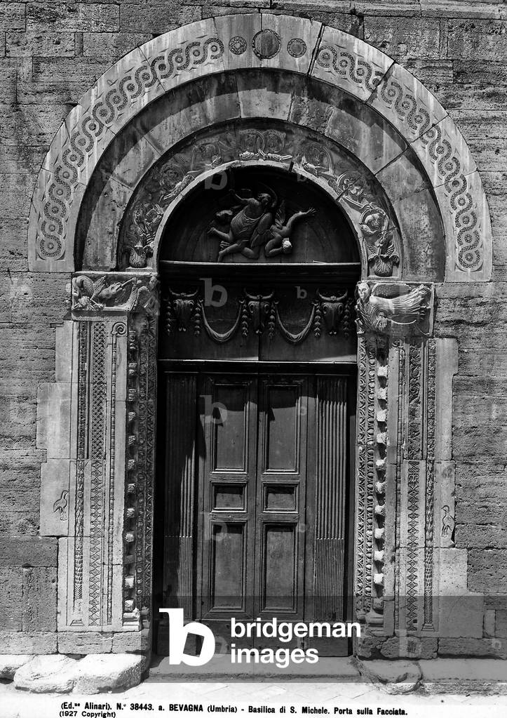 The portal of St. Michael's church by the Masters Binello and Ridolfo, located in Bevagna, province of Perugia