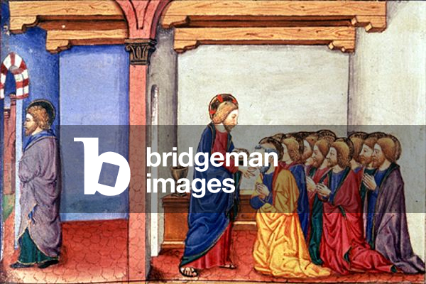 Fol.100r Christ breaks the bread and the wine saying 'This is my body, this is my blood' (vellum)