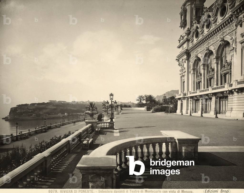 Lookout in front of the Montecarlo Casino, Monaco can be seen in the distance, 1890 ca. (b/w photo)