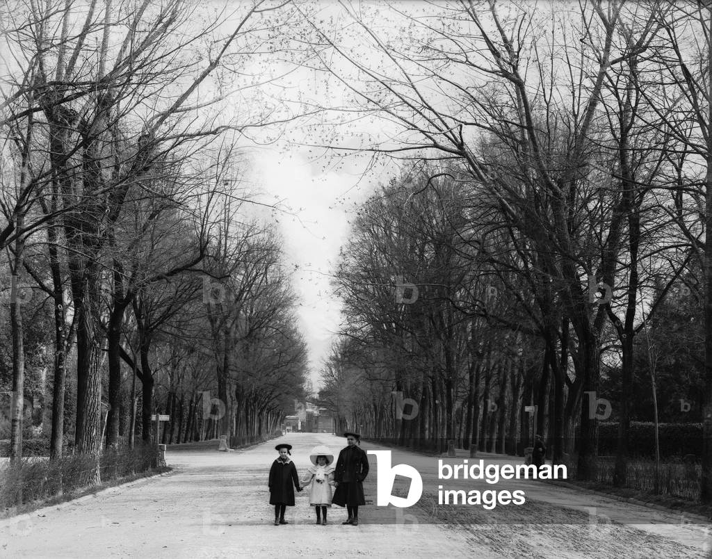 Three children photographed in an avenue of the Cascine Park, Florence