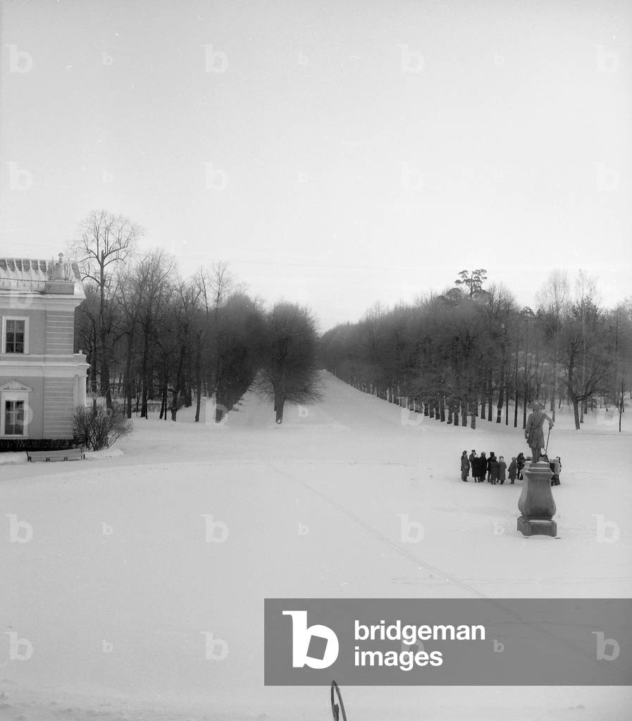 The statue of Paul I in the park of the Palace of Pavlovsk (b/w photo)