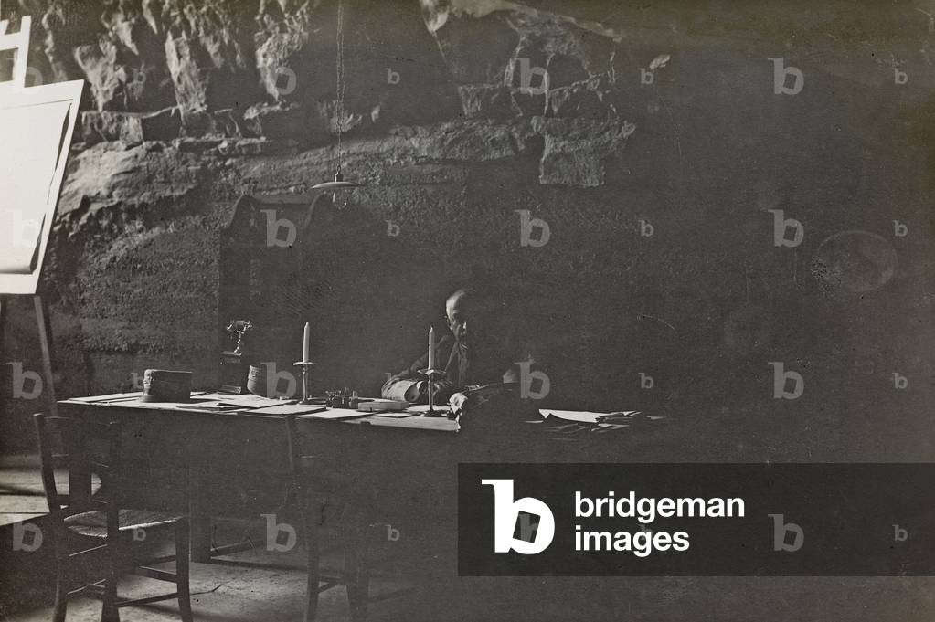 World War I: Emanuele Filiberto of Savoy, Duke of Aosta, commander of the Third Army, photographed inside the caves of Mount St. Michael (b/w photo)