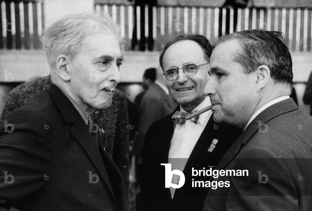 The Soviet writer, Ilja Erenburg and Frenchmen, Pierre Cot and Pierre Courtade at the congress for Disarmament and World Peace, Moscow