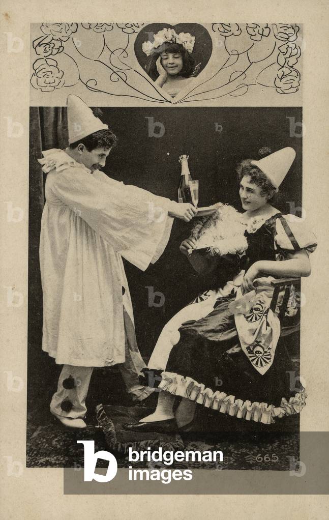 Portrait in costume: man offers the sparkling wine to woman
