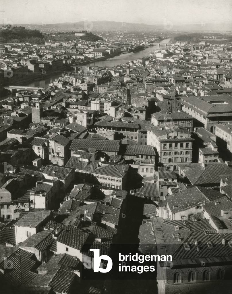 Panorama taken from the Palazzo Vecchio in Florence: the top right corner of the Palazzo delle Poste via Furs, left the river Arno and the hill with the monastery of San Bartolomeo a Monte Oliveto