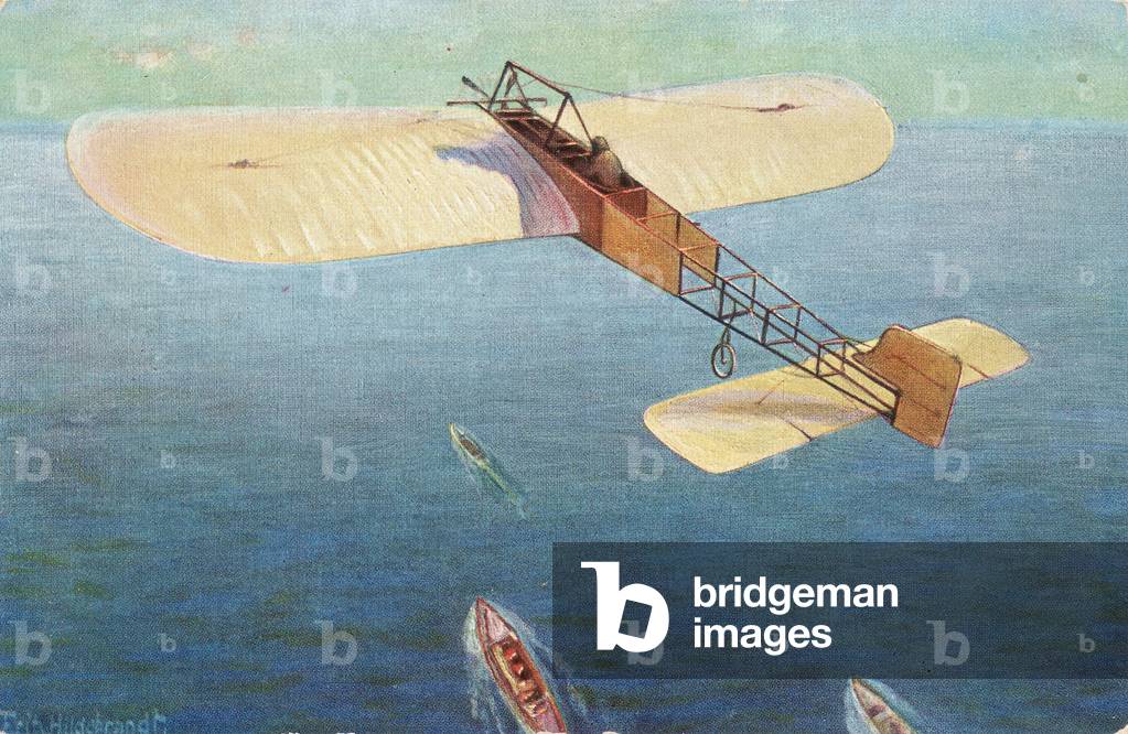 Drawing depicting the monoplane built by Louise Bl√©riot (France), as it crosses the strait of the English Channel - T.S.N. Editore