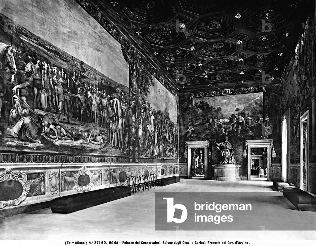 The Hall of the Oratii and Curiatii frescoed by Cavalier d' Arpino in the Palazzo dei Conservatori in Rome, in Lazio