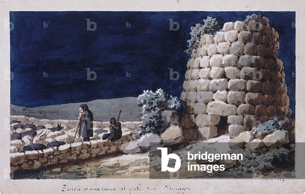 Sardinian shepherds near a nuraghe, print ms. 257, Cominotti Collection, c.1825