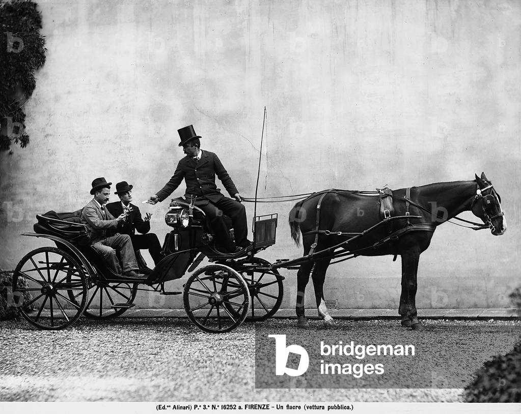A hackney coach, horse-drawn mode of public transport, in Florence