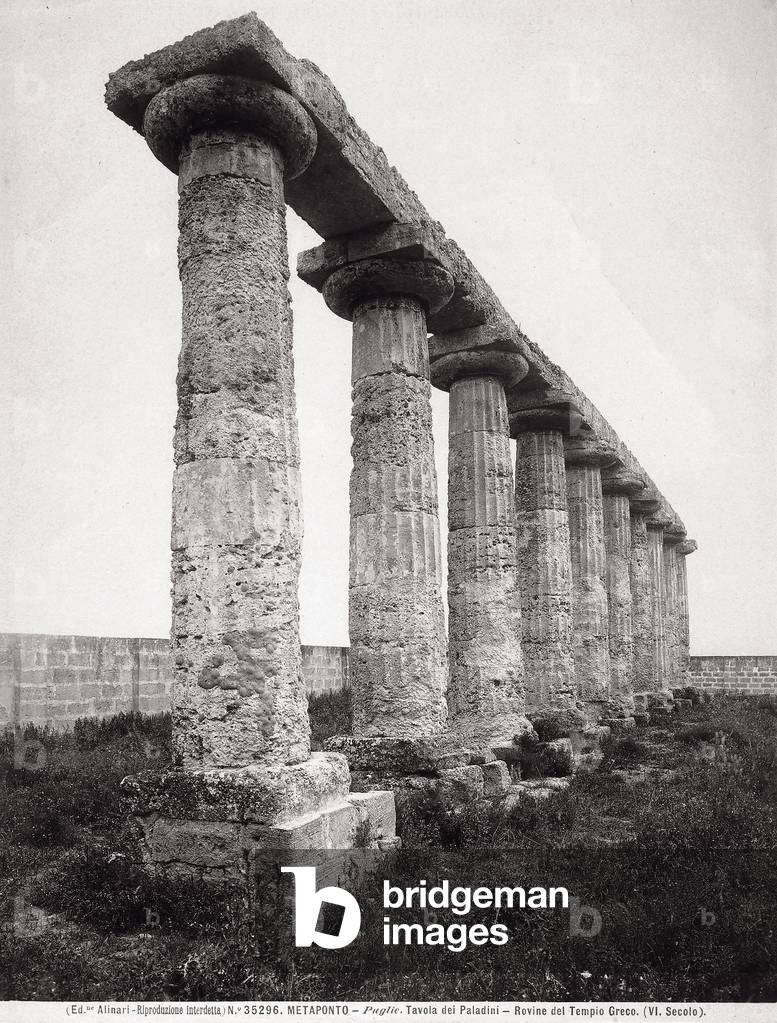 the ruins of one of the collonades of the Greek Temple dedicated to Hera, also called Temple of the Palatine Tables, at Metaponto, in Basilicata