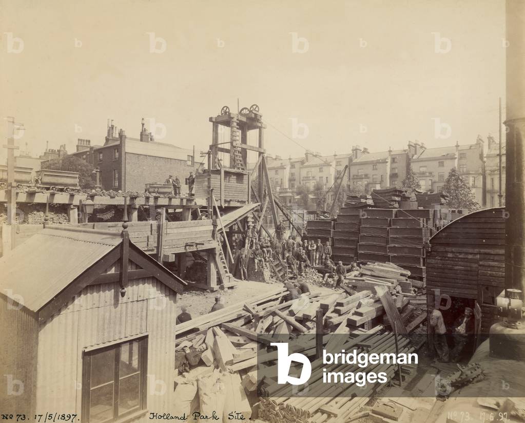 Construction of the London Underground: the worksite at Holland Park