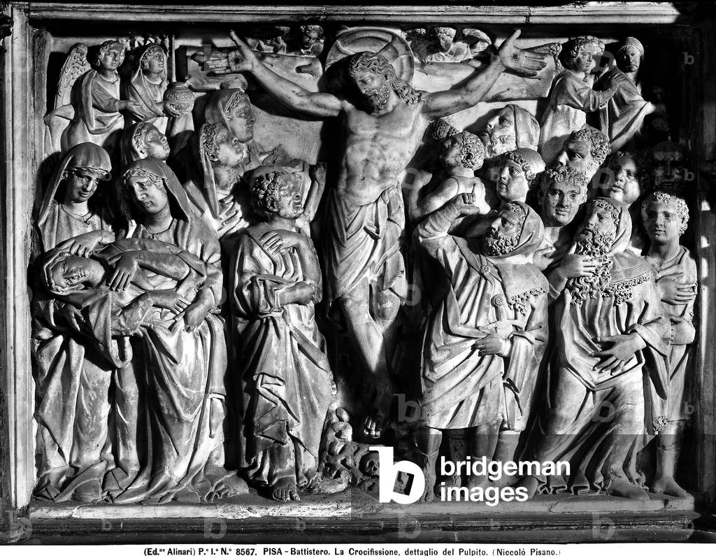 Crucifixion, high relief of the parapet, in the Pulpit of Nicola Pisano. The work is in the Baptistery of Pisa.