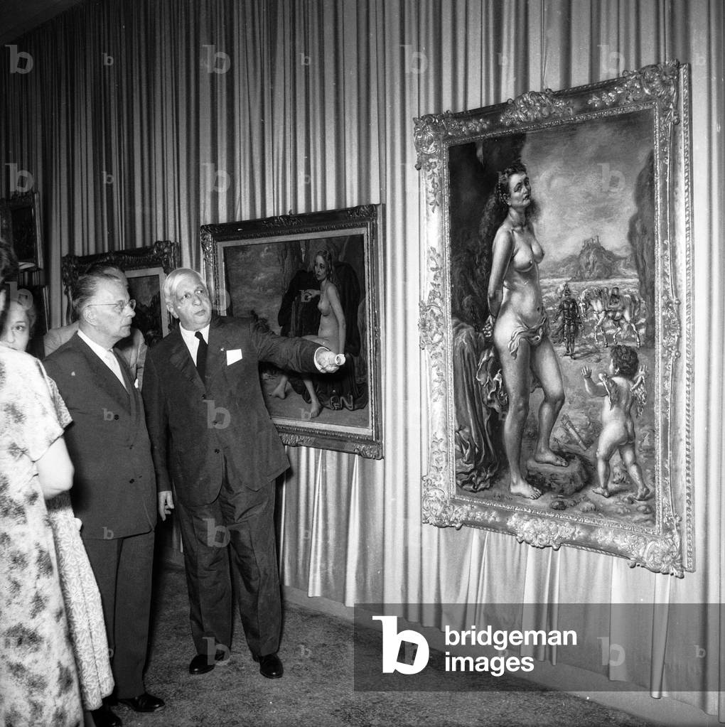 Inauguration of the Exhibition of Giorgio De Chirico at the Reale Società Canottieri Bucintoro, Dorsoduro, Venice, 28/06/1956 (b/w photo)