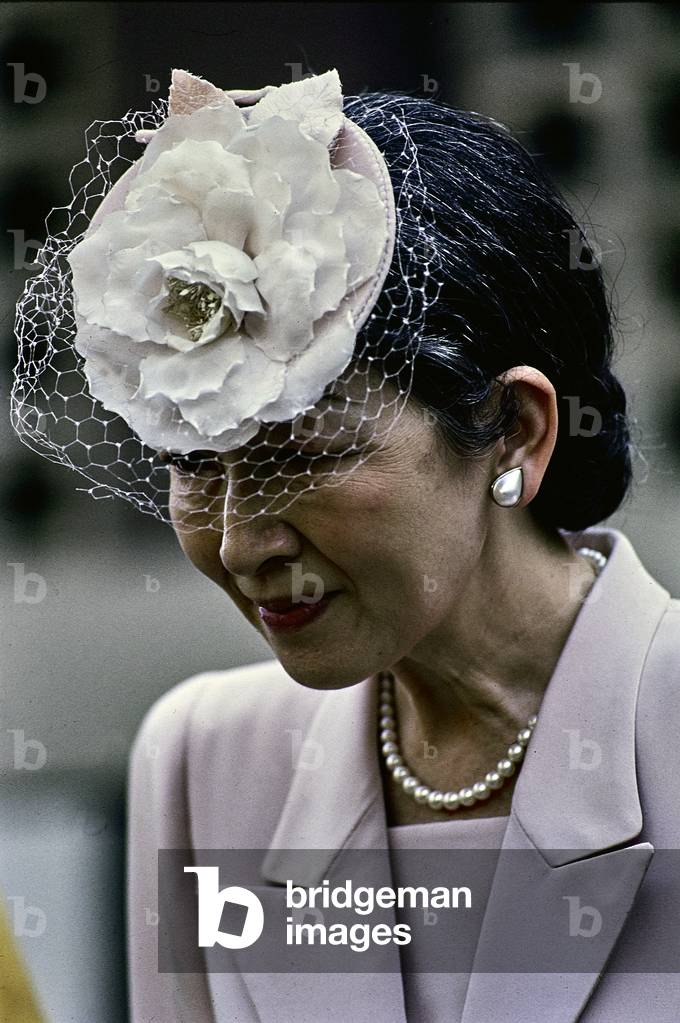 Empress of Japan Michiko (1934-) during a visit to Rome, 2000 (photo)