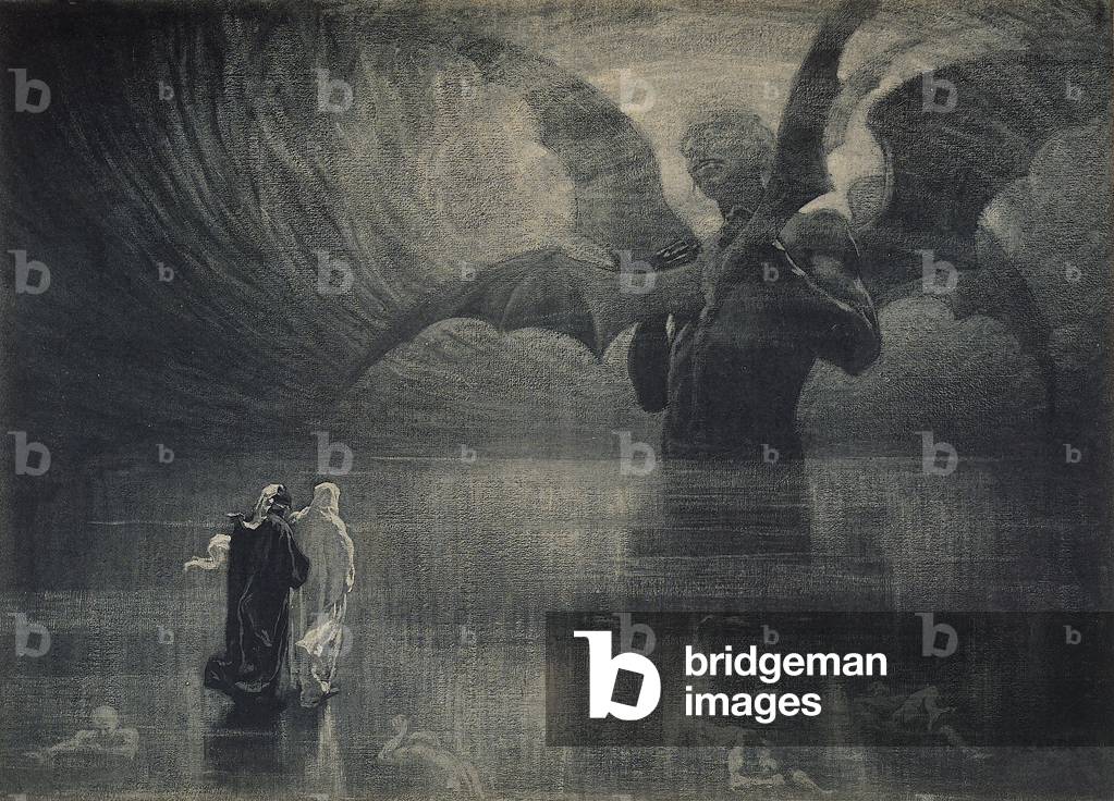 The Divine Comedy by Dante Alighieri illustrated by italian artists edited by Vittorio Alinari. Panel depicting Dante and Virgil before Lucifer from the XXXIV Canto of the Inferno